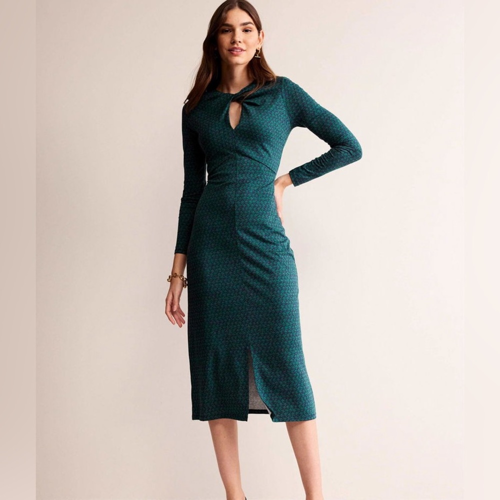 Boden NWT navy/green print column dress with twist front accent 8P